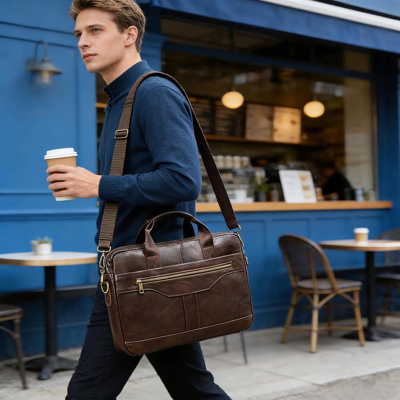 SAIION Genuine Leather Briefcase for Men, Laptop Computer Shoulder Bag With Strap, 15.6 Inch Business Travel Work Handbag - Image 4